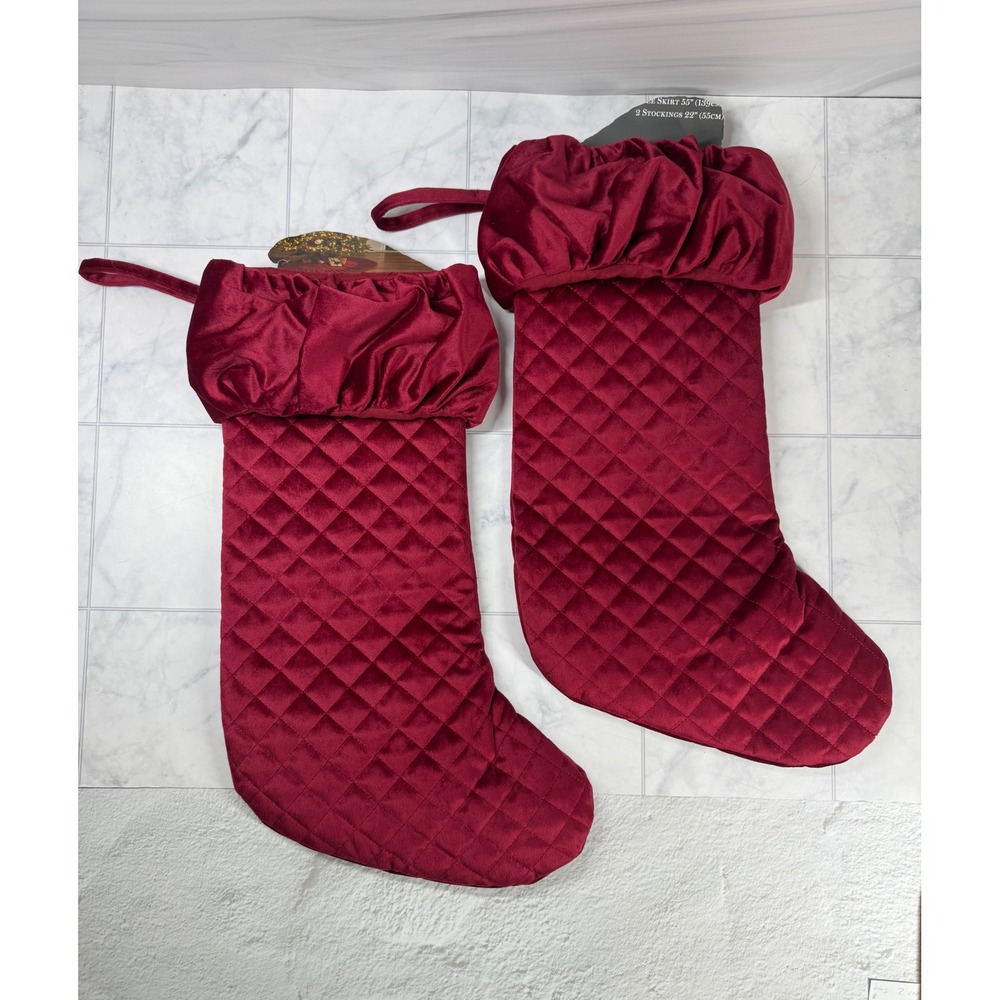 Set of 2 Red Quilted Velvet Style Christmas Stockings with Ruffled Cuff 18in